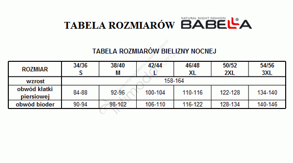 Tabela rozmiarów Babella Piżama Iris Czarno-Pudrowo Różowa