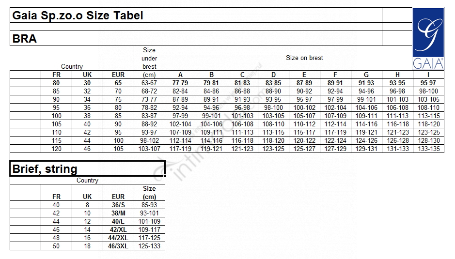 Tabela rozmiarów Gaia Biustonosz Vanella 1248