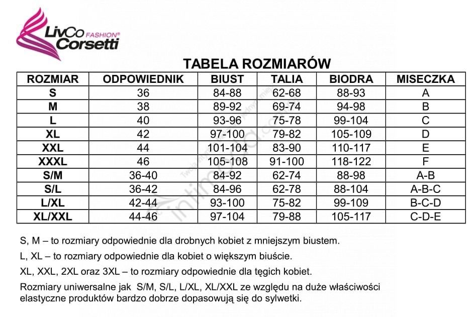 Tabela rozmiarów LivCo Corsetti Fashion Grarddis LC XG042 pończochy z pasem