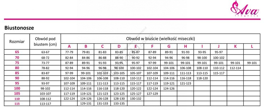 Tabela rozmiarów Ava Biustonosz av 2072 black maxi