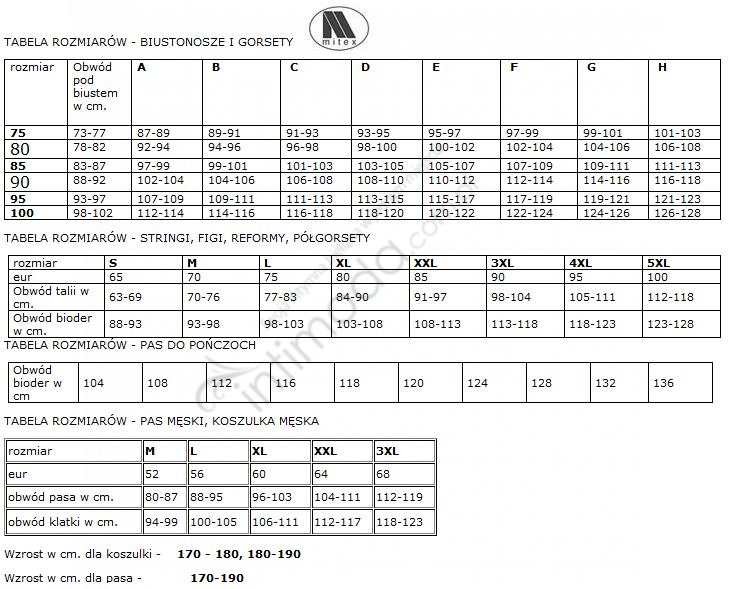 Tabela rozmiarów Mitex Biustonosz mama bra